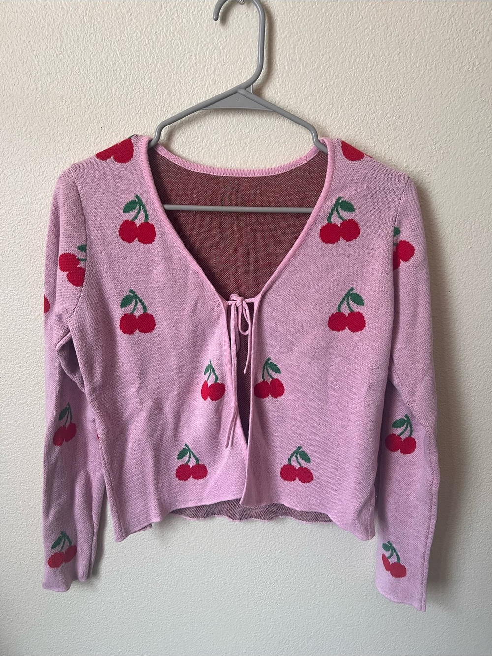 Source Unknown Pink Cherry Print Tie-Front Cardigan